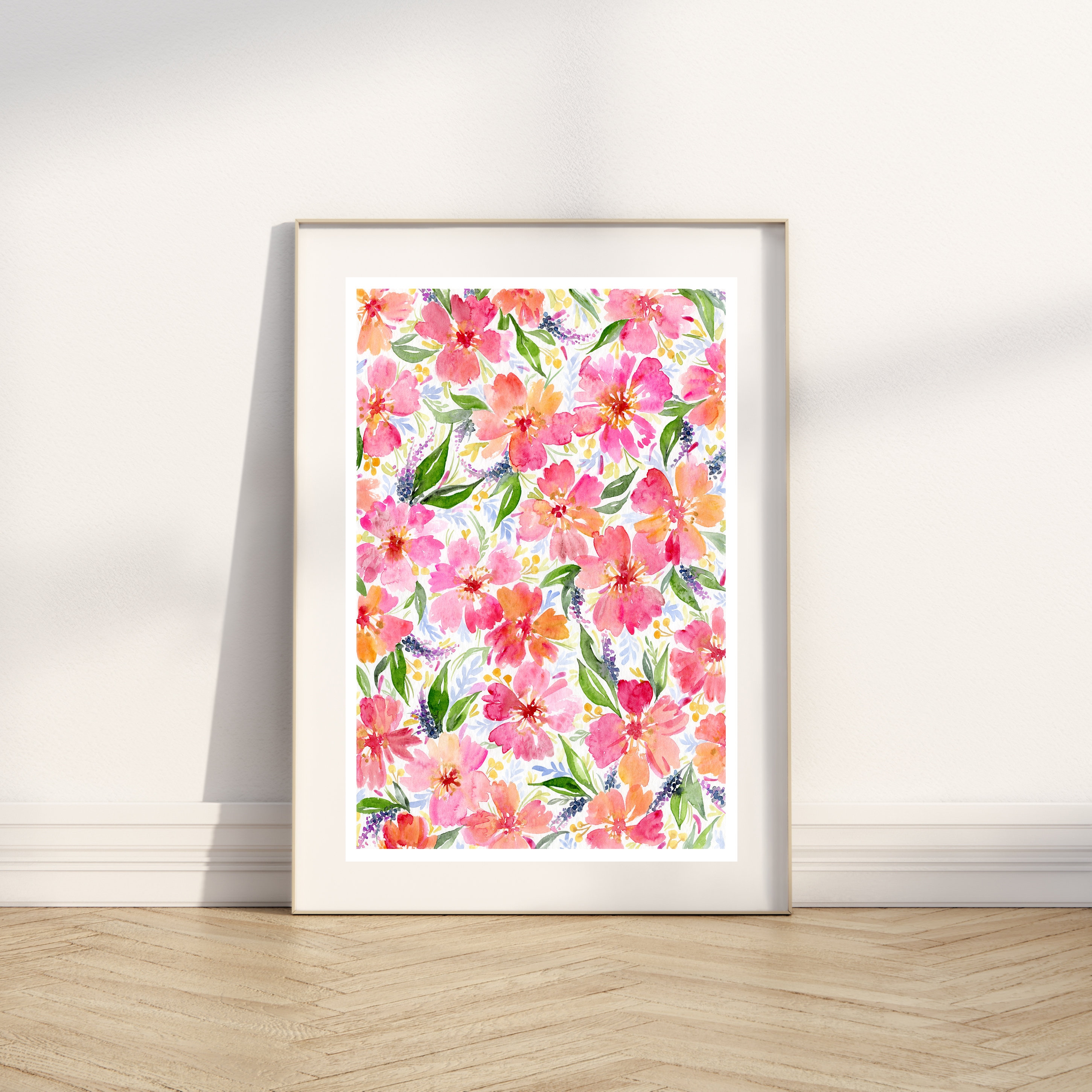 Pink Flowers Art Print, Floral Watercolour Painting, Bright Home Decor ...