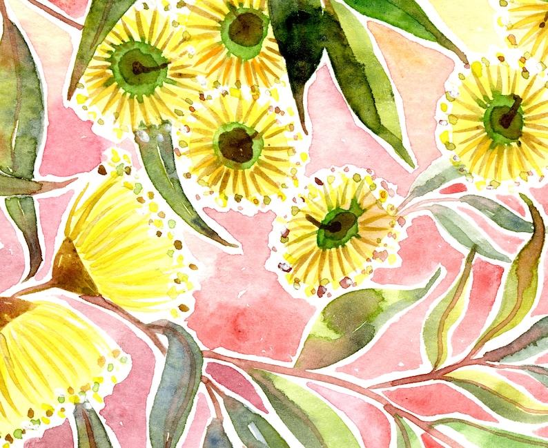 以下が含まれることがあります： ピンクの背景に、緑の葉と黄色の花が描かれた水彩画です。