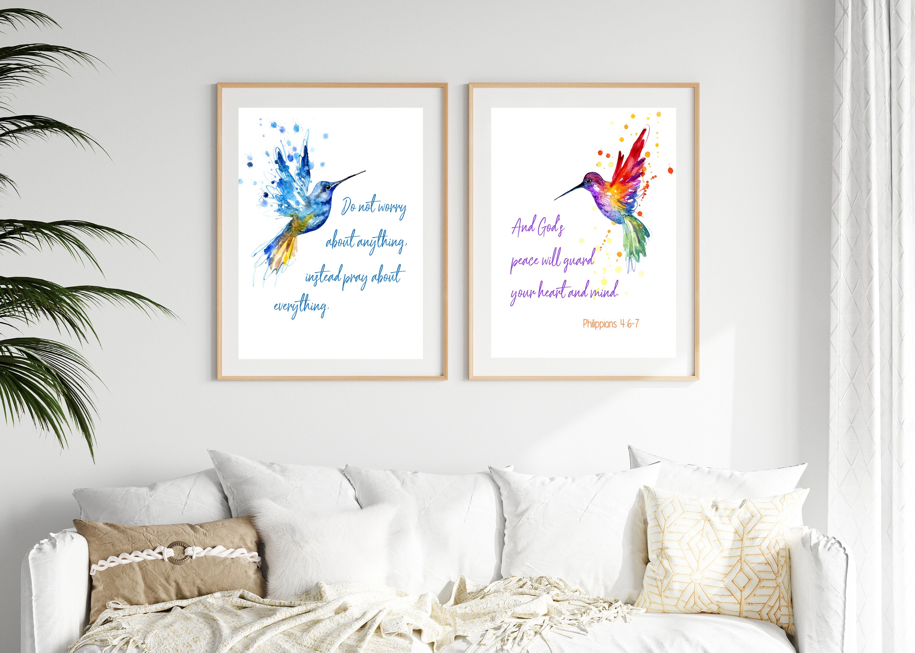 God's Peace Bible Quote Art Print Pair, Philippians 4:6, Hummingbirds ...