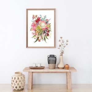 Australian Flowers Art Print, Native Aussie Flora wall decor, protea banksia gumleaves, Modern Watercolor Office Decor Floral Nature artwork image 2