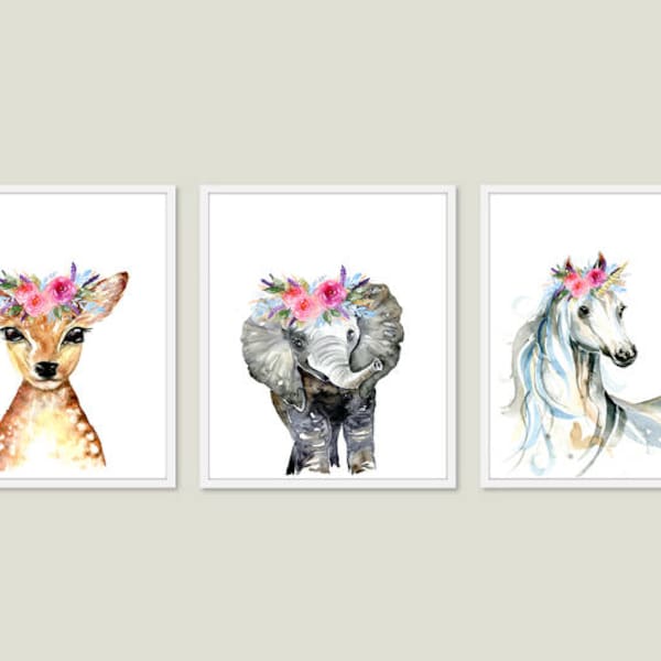 Animal Nursery Art Prints / Girl's Set of 3 / Floral Headdress Animals Artwork / Baby Girl Wall Art / Cerf Éléphant Licorne couronnes de fleurs