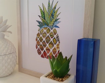 ゼンタングル パイナップル 水彩画 プリント、ホーム デコレーション