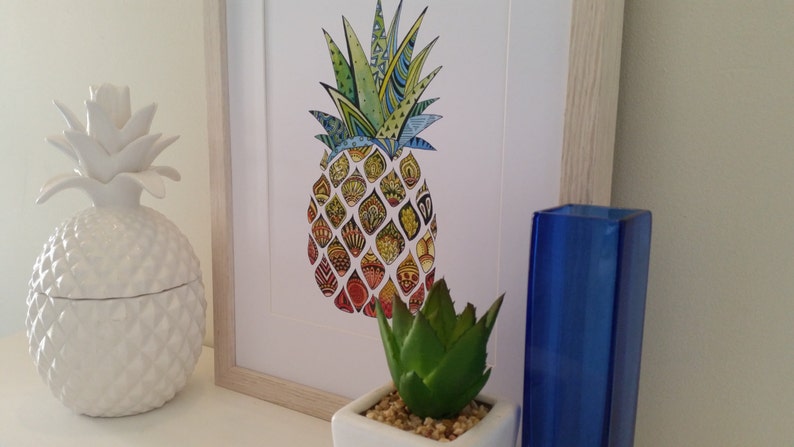 Zentangle Pineapple Watercolour Print, home decor, modern wall art, pineapple art print, funky fresh, office print image 5