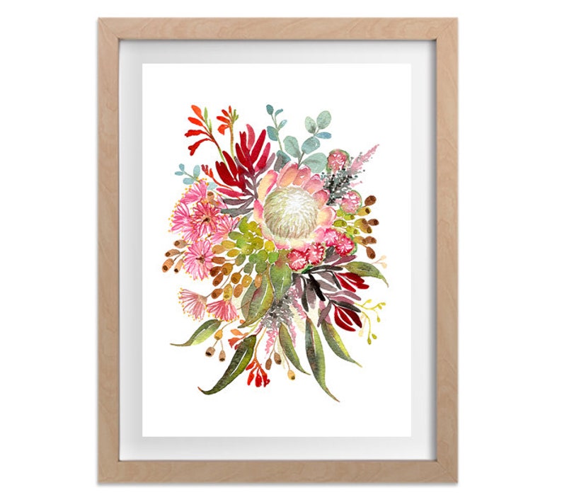Australian Flowers Art Print, Native Aussie Flora wall decor, protea banksia gumleaves, Modern Watercolor Office Decor Floral Nature artwork image 6