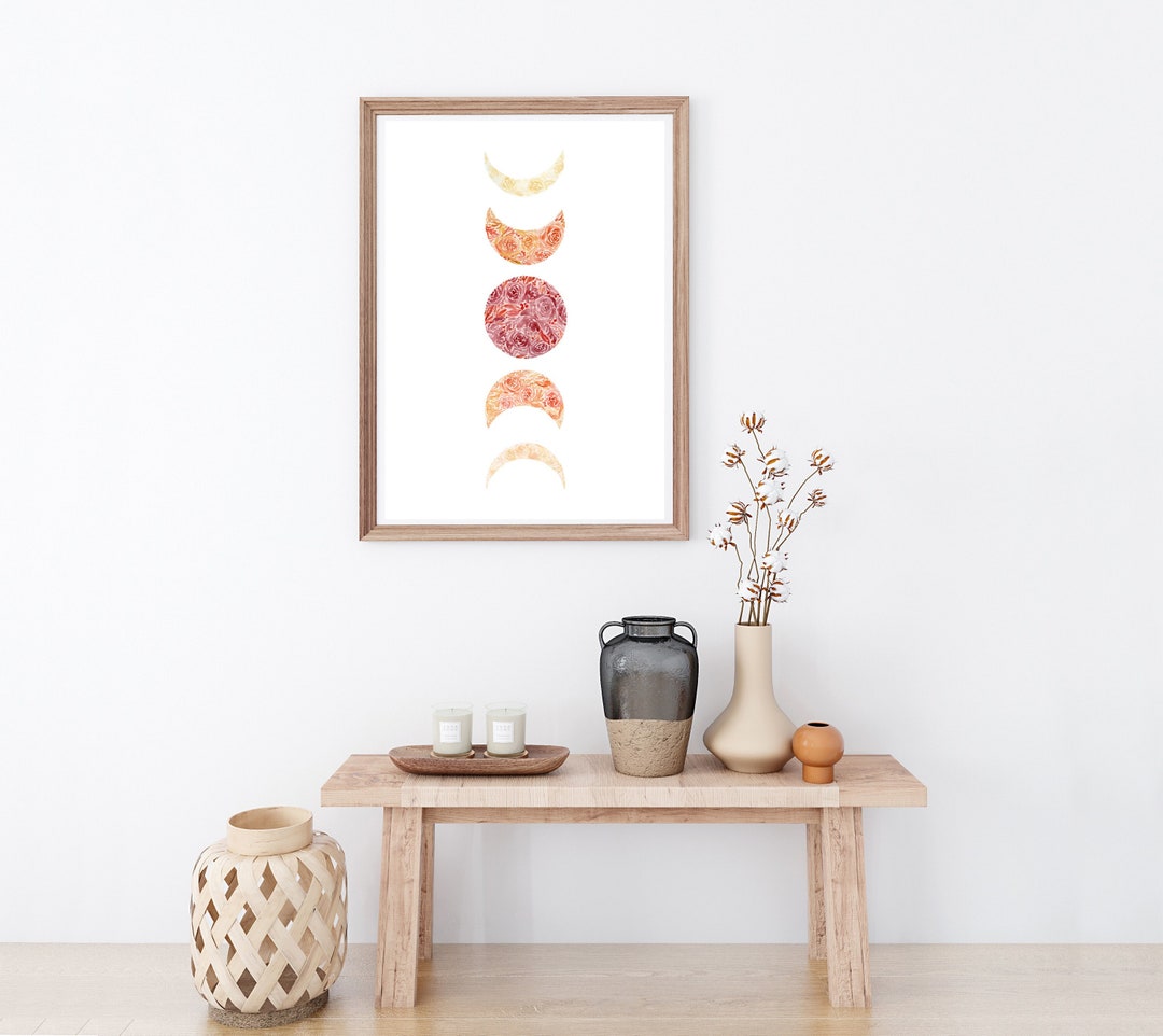 Moon Phases Art Print, Lunar Cycle Floral Wall Decor, New Moon Painting ...