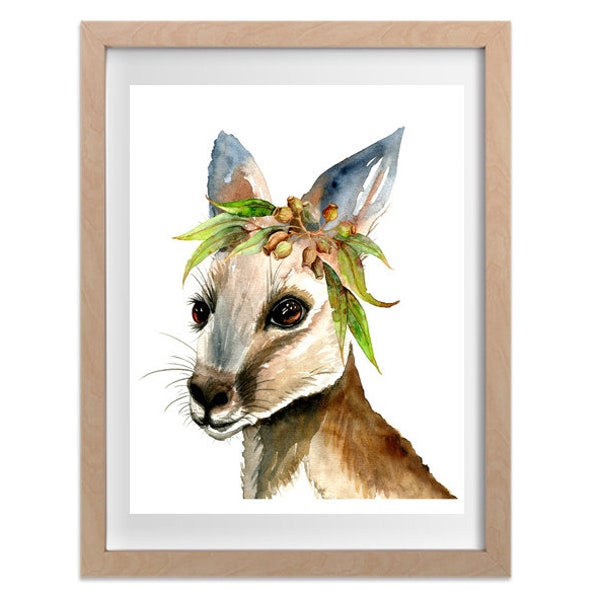 Impression d'art de kangourou, décor de pépinière de fille ou de garçon d'animal australien, coiffe florale, oeuvre d'art d'enfants, couronne de tournesol, feuilles de gomme de tournesols