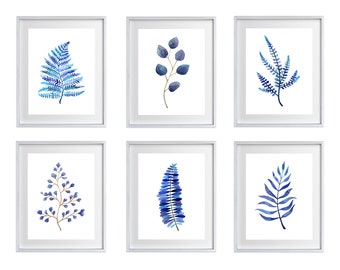 Blue Leaves Art Prints / Watercolor Art / Hamptons style watercolour paintings / set of 6 / Nature Retreat home decor / Tropical fern palms