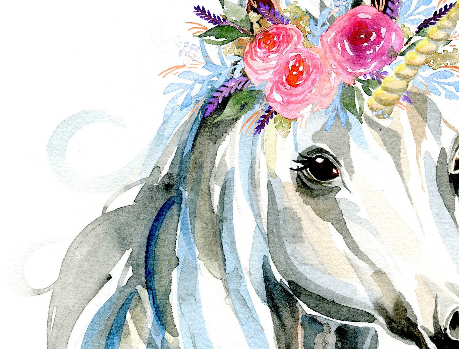 Unicorn With Flower Crowns Art Prints, Watercolour Painting pair