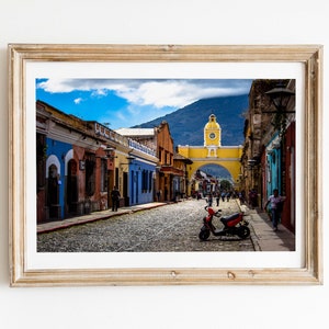 Antigua Cityscape Street Art Poster Print, Fine Art Travel Wall Decor Photography, Guatemala Print  Yellow Clock Tower of Antigua