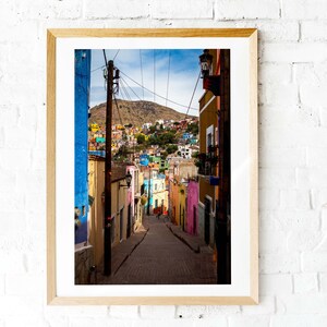 Guanajuato city photography with mountain view is a travel poster perfect for wall decoration - Mexican street photography