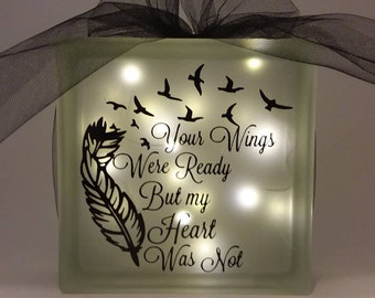 Memorial Glass Block - Memorial Gift - Lighted Glass Block - Feather and birds