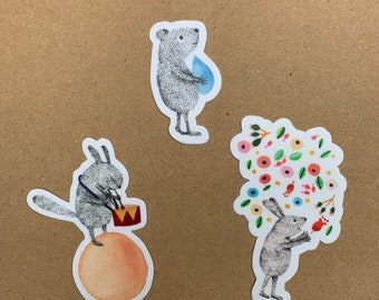 Little Animals Vinyl stickers set of three - Cute animal stickers set, fun stickers, Based on original drawings by Nana Sakata
