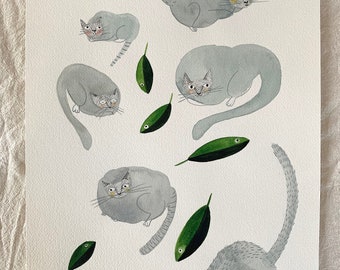 Cloudy cats and leafy fish - Original Illustration by Nana Sakata