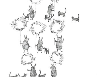 Welcome home!  - Original framed art work / black and white ink "dot" illustration with friendly bunnies and cats by Nana Sakata