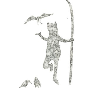 Hi there! - Original framed art work / black and white ink &quot;dot&quot; illustration with Monkey and flowers by Nana Sakata