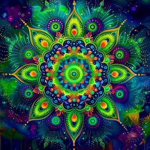 UV TAPESTRY &quot;Green-winged Mandala&quot; - Sacred geometry trippy yantra home decor yoga wall hanging neon fractal psy backdrop visionary art