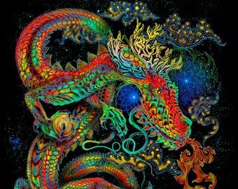 UV TAPESTRY "Fairytale Dragon" - Black light reactive psychedelic  trippy backdrop wall hanging glow neon canvas psy decor Ihtianderson art