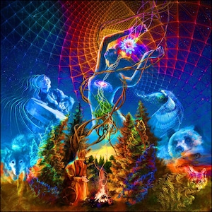 Psychedelic tapestry &quot;Nature Vibes&quot; - UV active trippy bohemian backdrop, shaman & forest home decor, wall hanging abstract visionary art