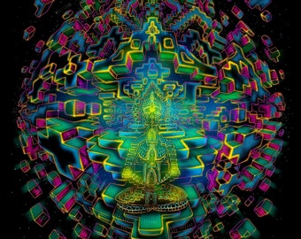 Mandala tapestry "Omni vision" - Blacklight psychedelic trippy uv colored sacred backdrop spiritual fractal psy yoga decor Ihti Anderson art