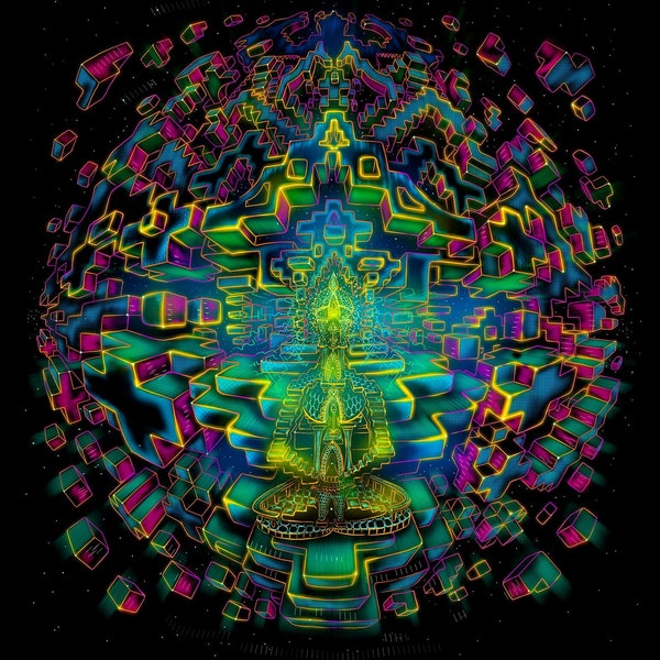 Tapisserie Mandala « Omni vision » - Blacklight psychédélique trippy uv coloré toile de fond sacrée spirituelle fractale psy yoga décor Ihti Anderson art