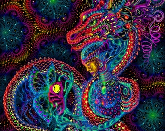 Blacklight Tapestry "Dragonita" UV active psychedelic trippy backdrop visionary wall hanging boho lady dragon decor Ihtianderson sacred art