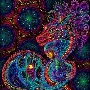 ブラックライトタペストリー「Dragonita」UVアクティブサイケデリックトリッピー背景ビジョン壁掛けボヘミアンレディドラゴン装飾Ihtianderson神聖なアート