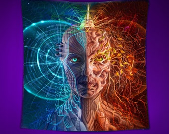 Psychedelic uv tapestry with cyberpunk & nature face for gift