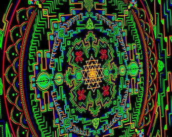 Sacred tapestry «SRY Mandala»  Black light glow trippy psychedelic uv backdrop shri yantra wall hanging visionary spiritual Ihtianderson art