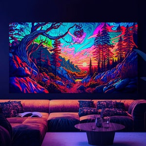 Blacklight Backdrop &quot;Morning Forest&quot; Psychedelic trippy UV reactive tapestry visionary boho decor psy neon nature landscape fluorescent art