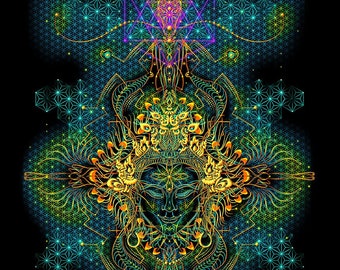 UV TAPESTRY «Inner Reflection» - Black light psychedelic trippy sacred backdrop spiritual psy wall hanging yoga decor Ihti Anderson artwork