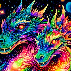 UVタペストリー「ドラゴンズラブ」ブラックライトグロートリッピーサイケデリックドラゴンUV背景壁掛けビジョナリー装飾カラフルスピリチュアルアート