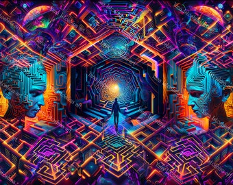 Blacklight Backdrop "Mind Labyrinth" - Psychedelic UV active trippy tapestry psytrance decor sacred geometry visionary art boho neon design