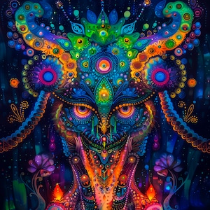 UV Tapestry &quot;Astral guardian&quot; - Black light trippy uv glow psychedelic backdrop wall hanging spiritual festival decor psy bohemian art