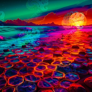 Blacklight Backdrop &quot;My ocean&quot; Psychedelic trippy UV reactive tapestry visionary boho decor psy neon ocean scape fluorescent art