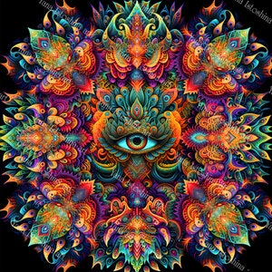 Trippy backdrop &quot;Mandala&quot;  UV Reactive black light psychedelic tapestry glow neon background wall hanging boho design fractal visionary art
