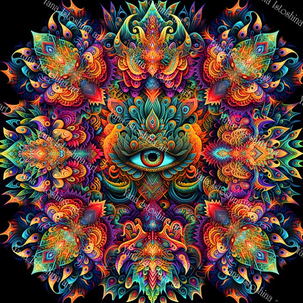 Toile de fond trippy « Mandala » UV réactive lumière noire tapisserie psychédélique lueur néon fond Tenture murale boho design fractal art visionnaire