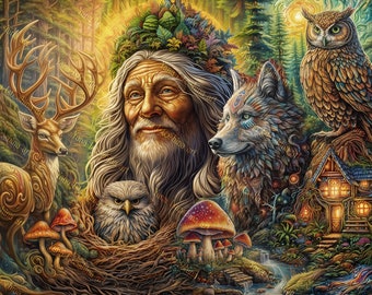 Signed Fantasy Canvas Print | Forest Spirits and Wise Old Man | Mystical Wall Art for Spiritual Ambiance