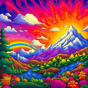 UV Backdrop «Vibrant Valley» Blacklight glow trippy tapestry nature colorful home decor mountain landscape wall hanging decor visionary art