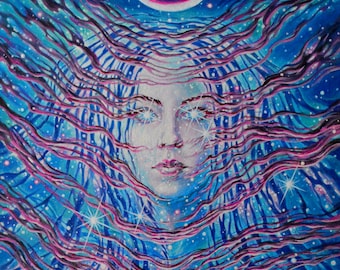 Art psychédélique avec femme dans la galaxie de l'espace, tapisserie au néon