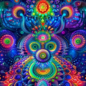 UV SPACE «Mushroom Dance» - Schwarzlicht Tapisserie psychedelischer trippy Hintergrund heiliger Raum Fraktal Wandbehang print boho