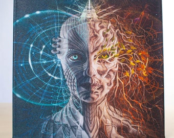 Psychedelic Visionary Art with Fantasy Portrait Half cyber half nature