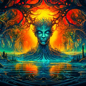 Fluorescent psychedelic UV-reactive tapestry with meditating man in the fantasy forest