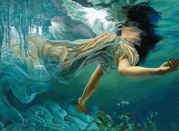 Canvas Print woman in Water Fantasy Beauty Magic Painting Trippy Art Wall  Hanging Visionary Ocean Decor 