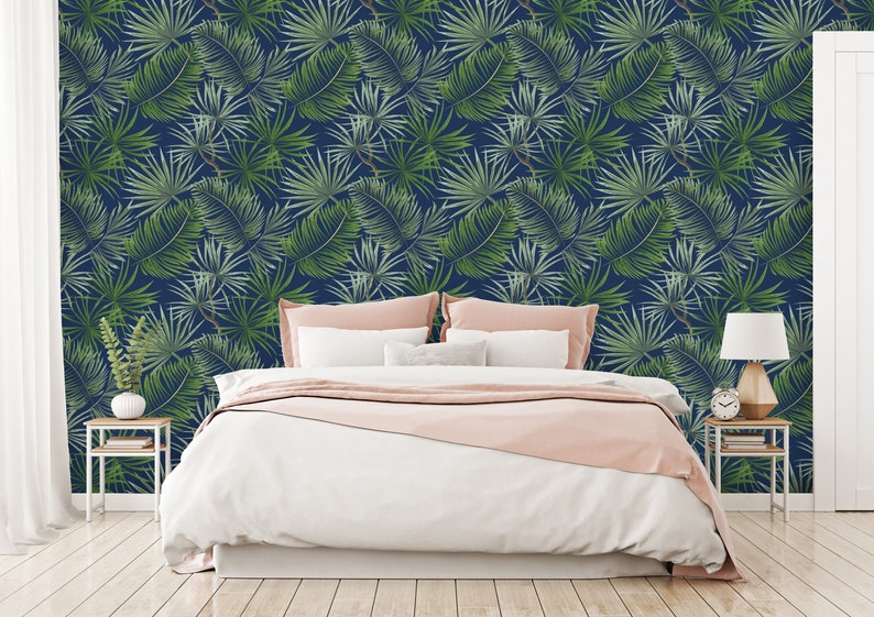 Dark Tropical Navy and Green Adhesive Wallpaper Etsy