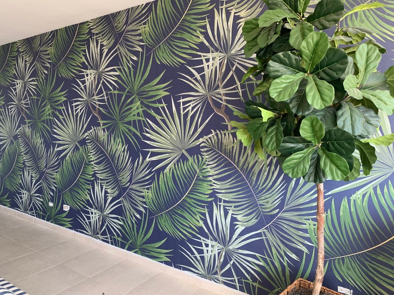 Dark Tropical Navy and Green Adhesive Wallpaper Etsy