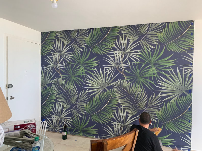 Dark Tropical Navy and Green Adhesive Wallpaper Etsy