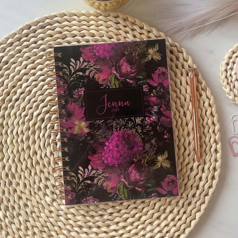 pink and purple floral cover, 2025 planner, diary