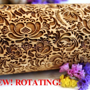 FLOWERS Embossing Rolling Pin, Christmas Gift, Laser Engraved Rolling Pin, FLORAL FOLK  Pattern, Embossed Dough Roller, Rotating Big 3