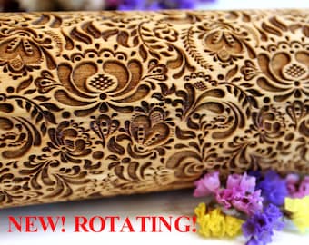 FLOWERS Embossing Rolling Pin, Christmas Gift, Laser Engraved Rolling Pin, FLORAL FOLK  Pattern, Embossed Dough Roller, Rotating Big 3