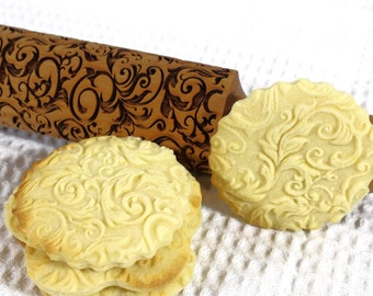 Embossed Rolling Pin, Christmas Gift For Her, Seamless Pattern Swirles, Clay, Ceramics, Engraved Cookie Stamp, Embossing, Soap Curley Garden